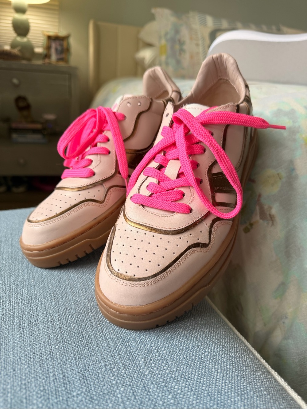 Free People Pink Leather Sneakers with Hot Pink Laces